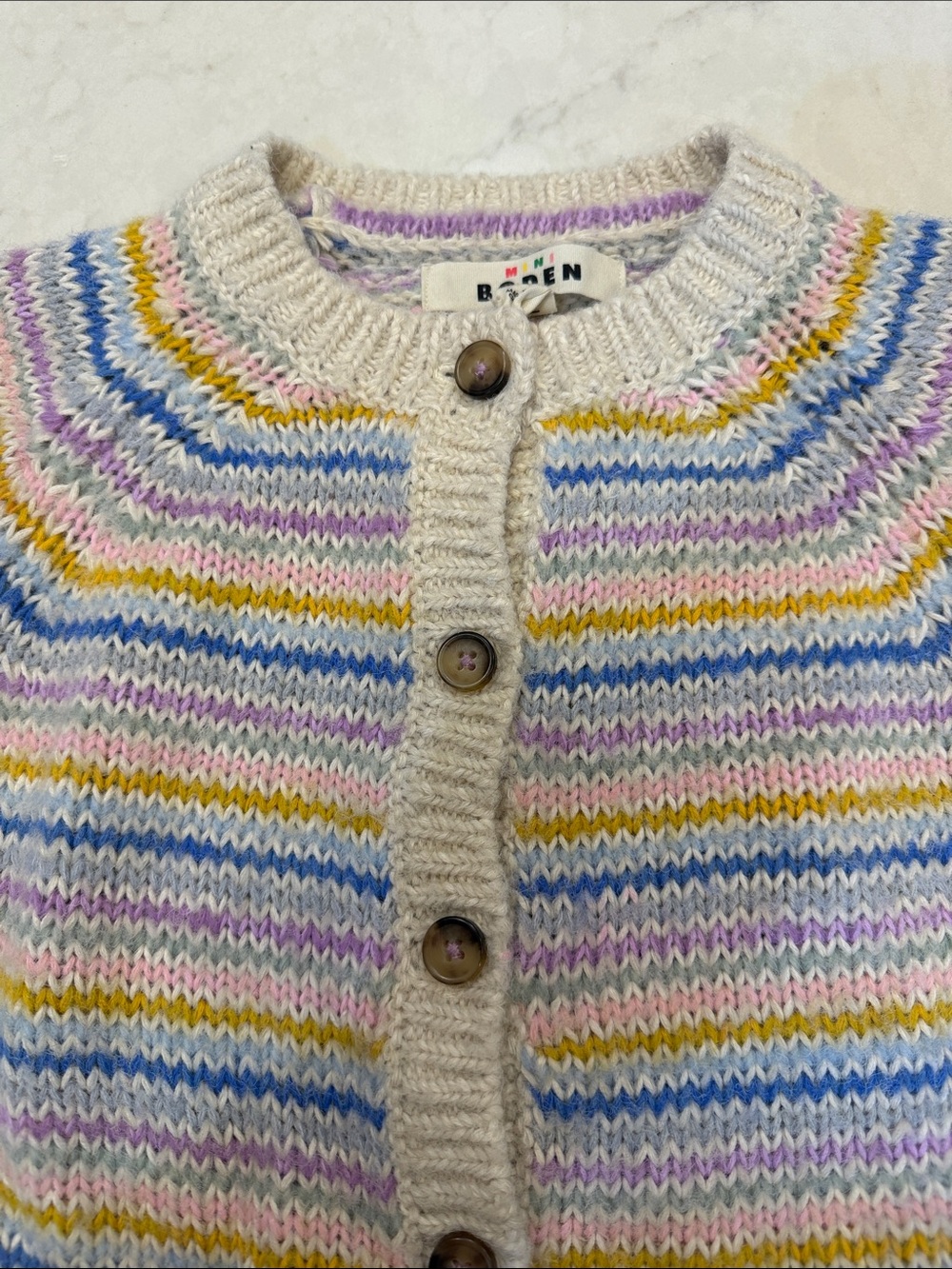 Mini Boden Cream Cardigan with Pastel Stripes